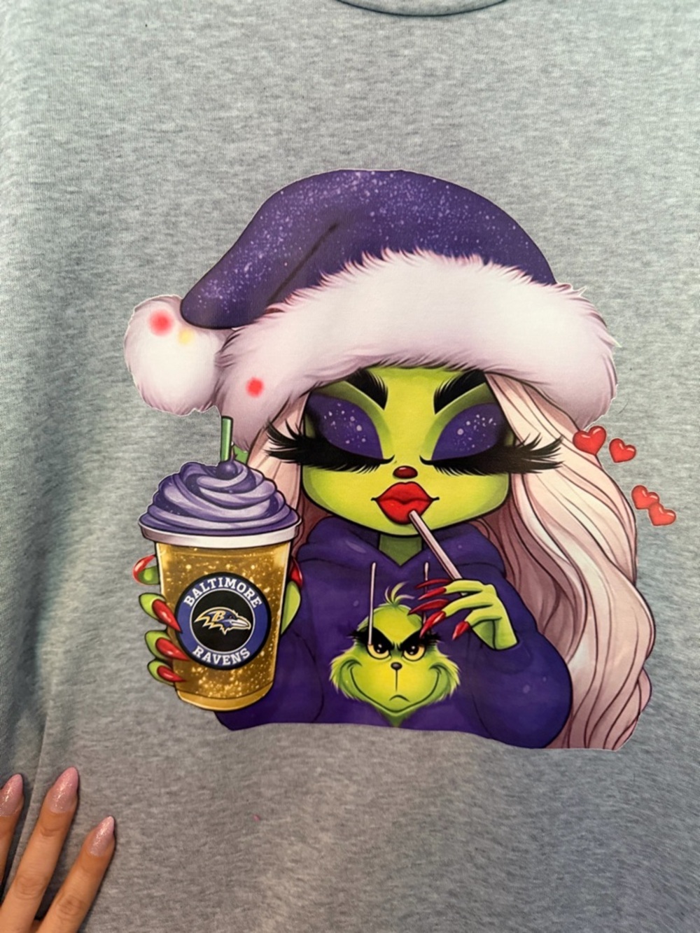 Gray Women’s Graphic Holiday Sweatshirt with boujee grinch  Baltimore Ravens - Picture 3 of 3